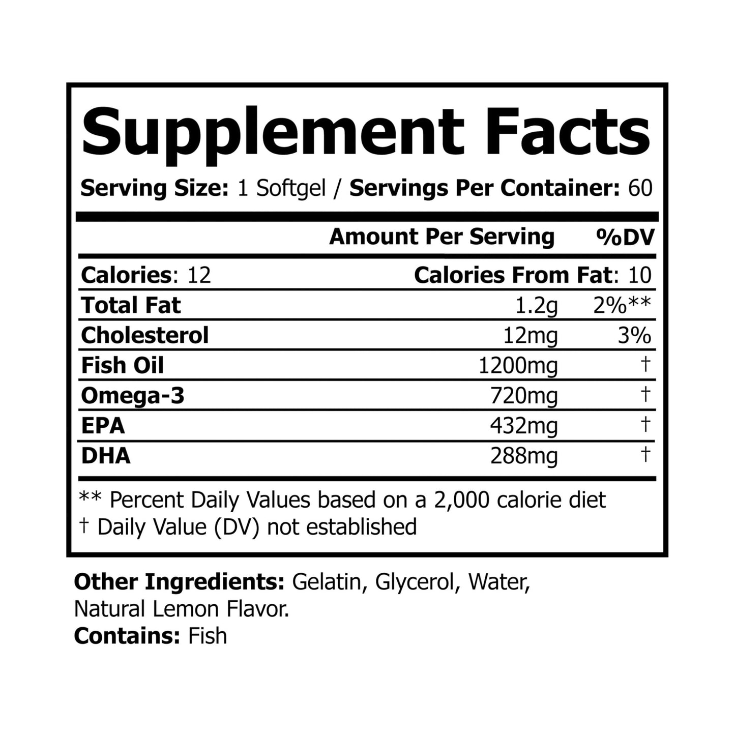 Omega 3 Fish Oil Supplement (60 Softgels), Lactose-Free, Non-GMO