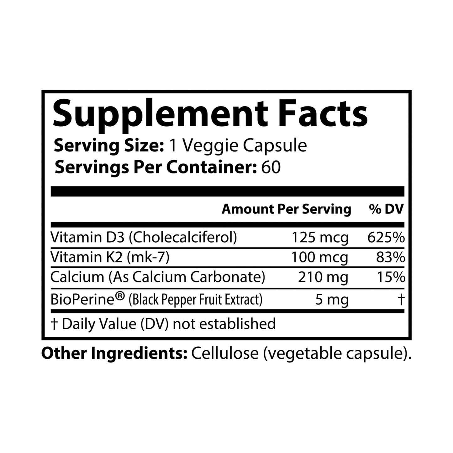Vitamin K2 + D3 Supplement (60 Capsules), Non-GMO, Vegan