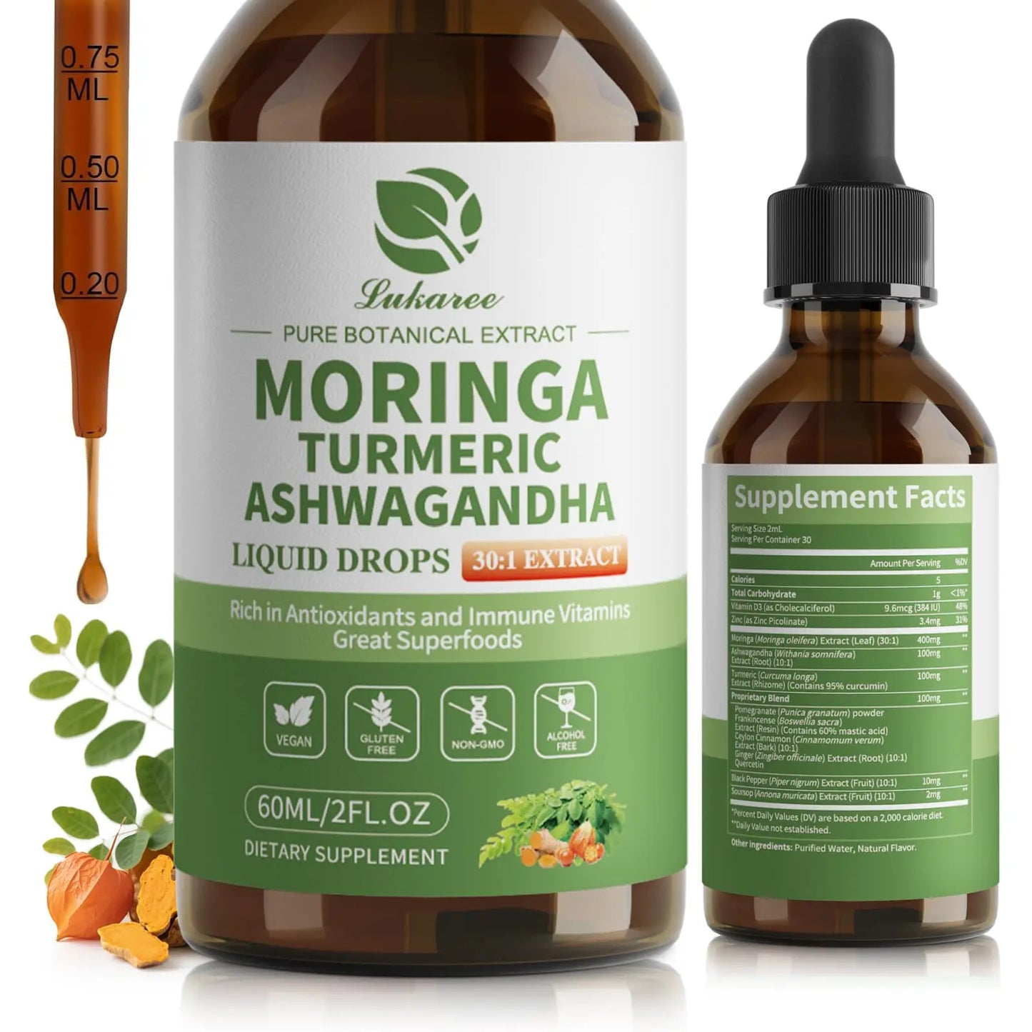 Organic Moringa Liquid Drops (12-in-1) with Ashwagandha, Turmeric & Quercetin – Energy, Immunity, Digestion & Metabolism Support – Vegan Non-GMO