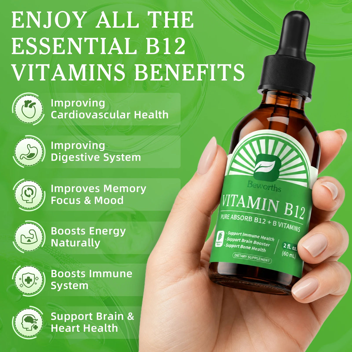 Vitamin B12 Drops with Vitamin D3, B3 & B9 – Energy, Brain, Heart & Immune Support