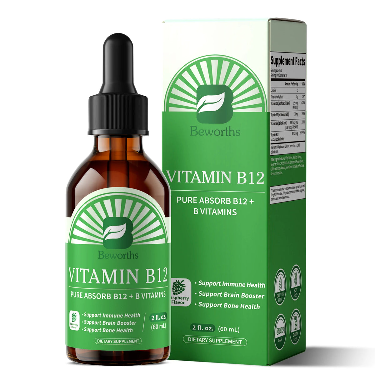 Vitamin B12 Drops with Vitamin D3, B3 & B9 – Energy, Brain, Heart & Immune Support