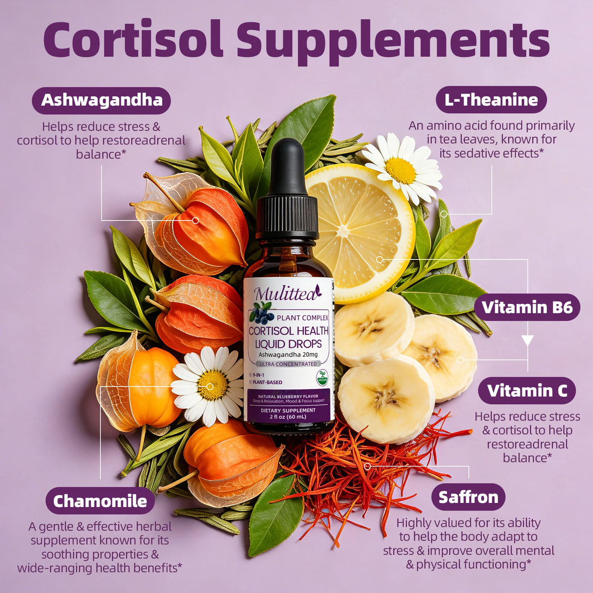 Cortisol Health Drops with Ashwagandha, L-Theanine & Chamomile – Stress, Calm, Sleep; Mood Support