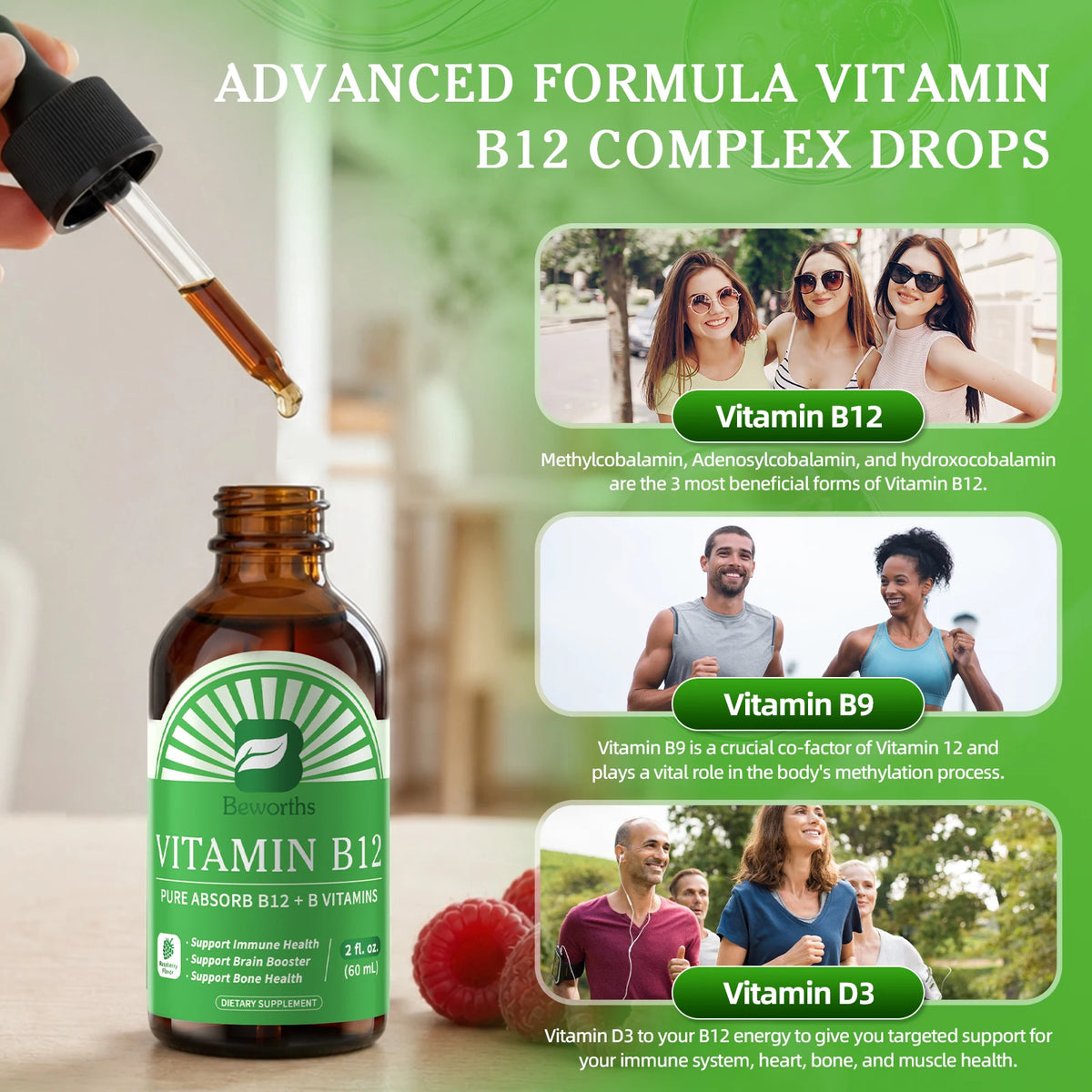 Vitamin B12 Drops with Vitamin D3, B3 & B9 – Energy, Brain, Heart & Immune Support