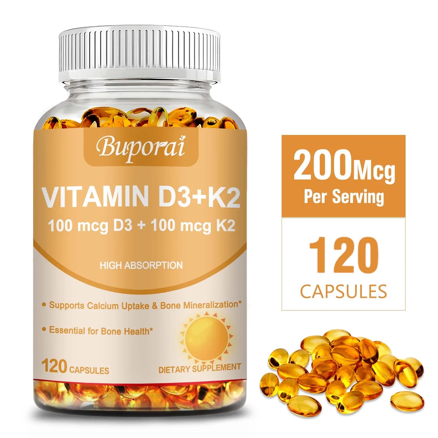 Vitamin D3 + K2 Capsules – Calcium Absorption for Bone, Joint, Heart & Immune Support – 120 Capsules