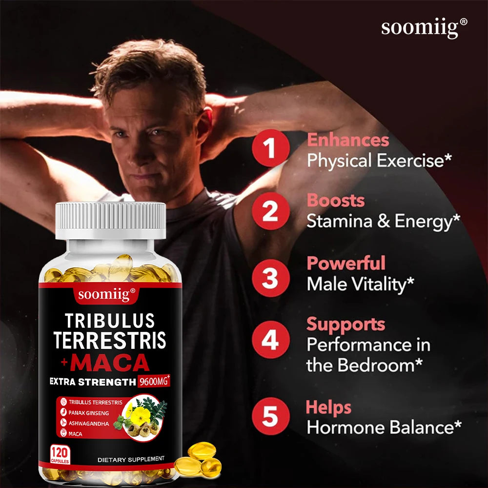 4-in-1 Tribulus Terrestris, Maca, Ginseng & Ashwagandha Capsules – 9600mg Daily Formula