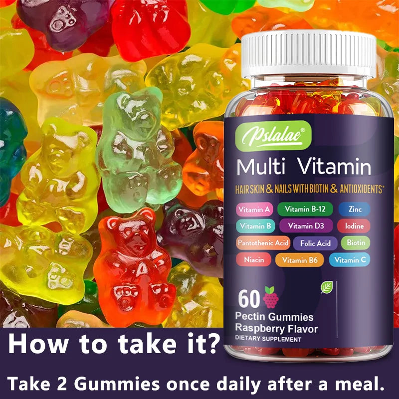Multivitamin Gummies with Biotin – Hair, Skin & Nail Support + Immune Boost | Antioxidant Formula – 60 Gummies