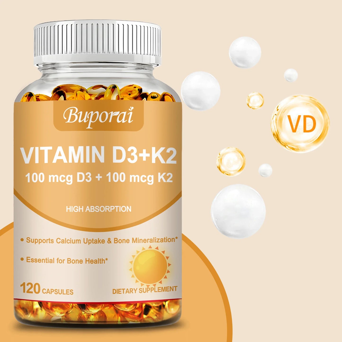 Vitamin D3 + K2 Capsules – Calcium Absorption for Bone, Joint, Heart & Immune Support – 120 Capsules