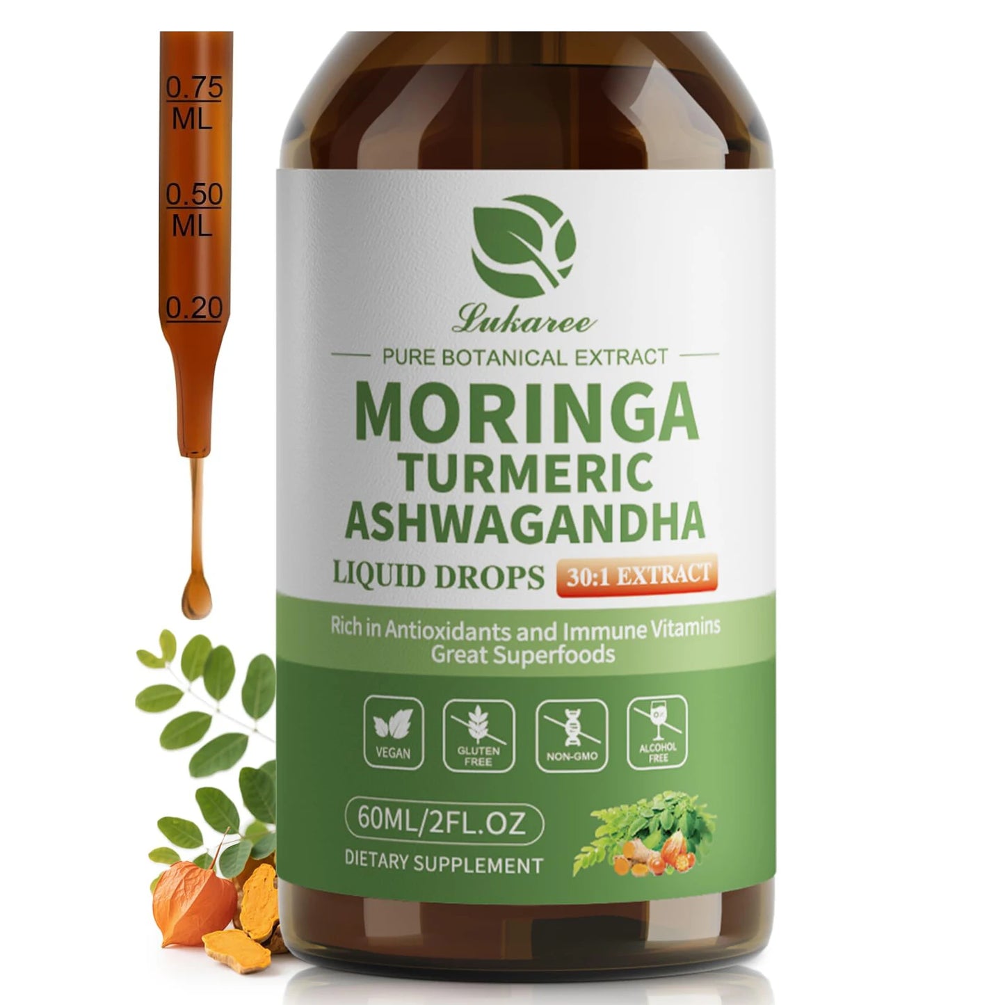 Organic Moringa Liquid Drops (12-in-1) with Ashwagandha, Turmeric & Quercetin – Energy, Immunity, Digestion & Metabolism Support – Vegan Non-GMO