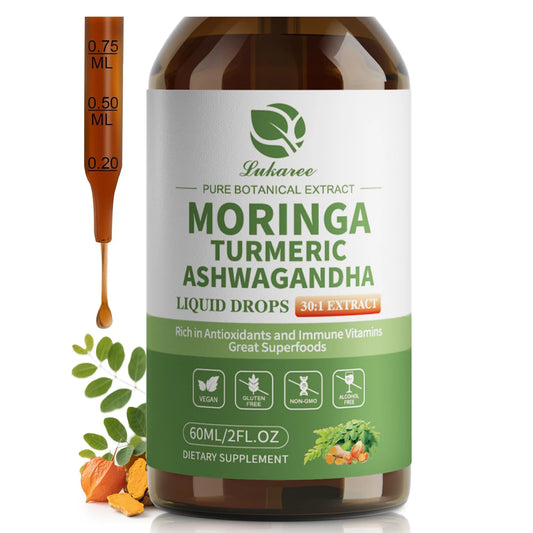 Organic Moringa Liquid Drops (12-in-1) with Ashwagandha, Turmeric & Quercetin – Energy, Immunity, Digestion & Metabolism Support – Vegan Non-GMO