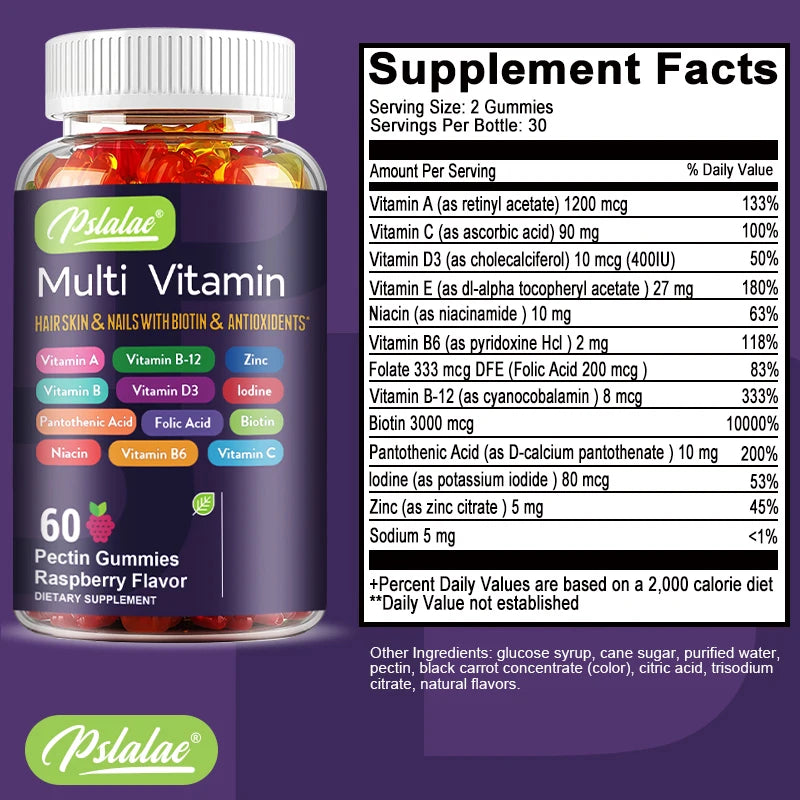 Multivitamin Gummies with Biotin – Hair, Skin & Nail Support + Immune Boost | Antioxidant Formula – 60 Gummies