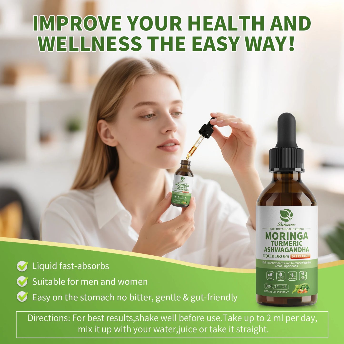 Organic Moringa Liquid Drops (12-in-1) with Ashwagandha, Turmeric & Quercetin – Energy, Immunity, Digestion & Metabolism Support – Vegan Non-GMO