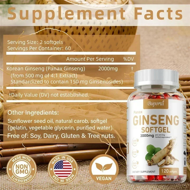 Red Panax Ginseng Softgels – Boost Energy, Focus & Performance | Supports Immune Health, Memory & Antioxidant Protection – 120 Count