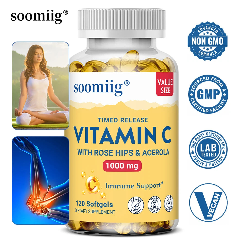 Vitamin C 1000mg with Rose Hips & Acerola – Two-Stage Timed-Release Immune, Skin, Hair & Nail Support | Non-GMO