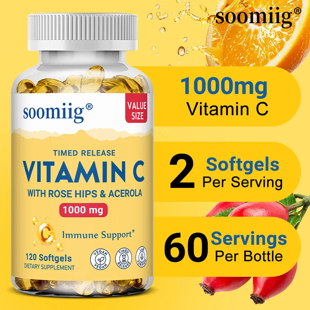 Vitamin C 1000mg with Rose Hips & Acerola – Two-Stage Timed-Release Immune, Skin, Hair & Nail Support | Non-GMO