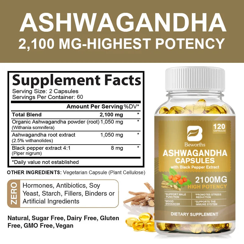 Ashwagandha Root Extract Capsules – Stress Relief, Anxiety Support & Sleep Aid – Mood Balance & Calm Formula