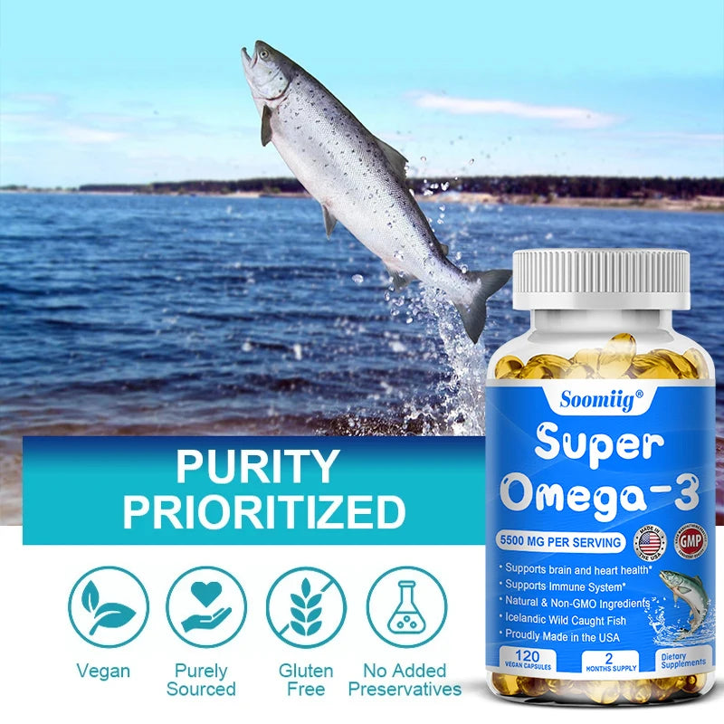 Wild-Caught Super Strength Omega-3 Fish Oil 5500mg | High EPA 1200mg & DHA 900mg | Non-GMO | 120 Softgels