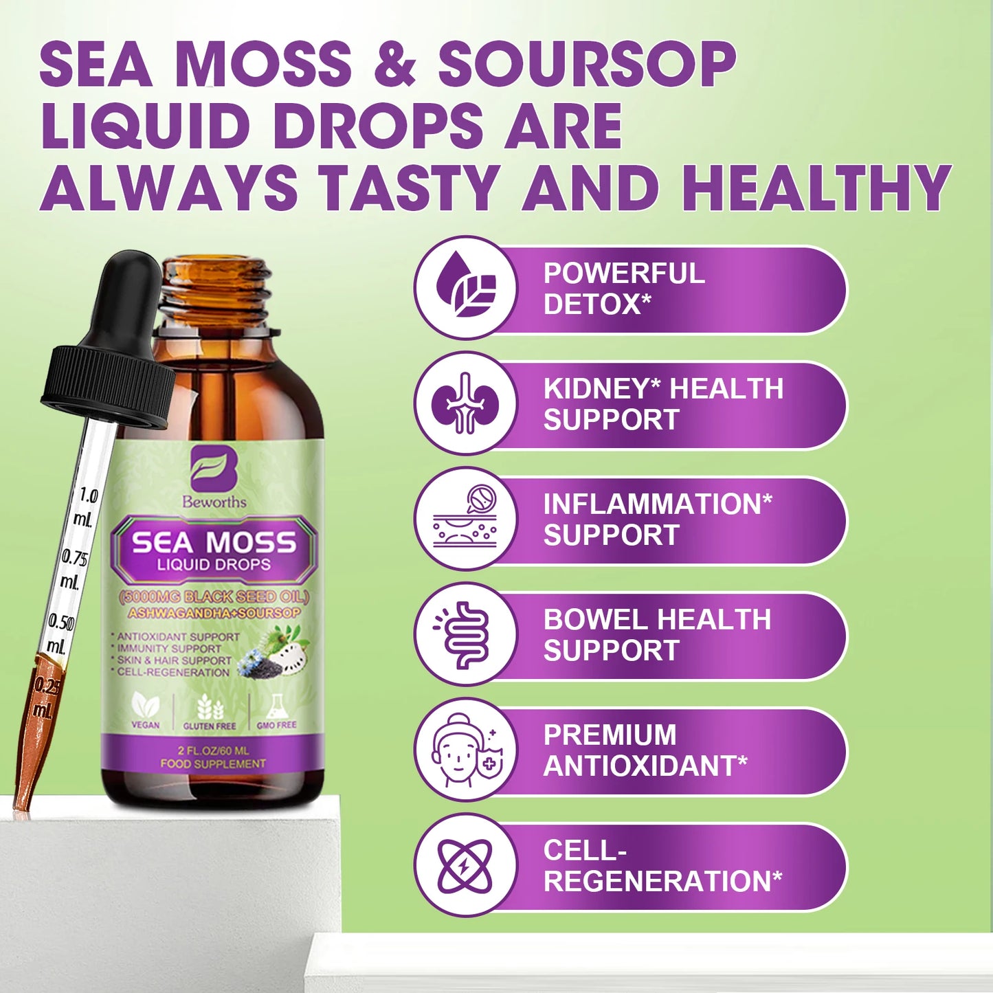 Sea Moss Extract Drops 60ML | Immune & Kidney Support | Digestive Health & Antioxidant Support