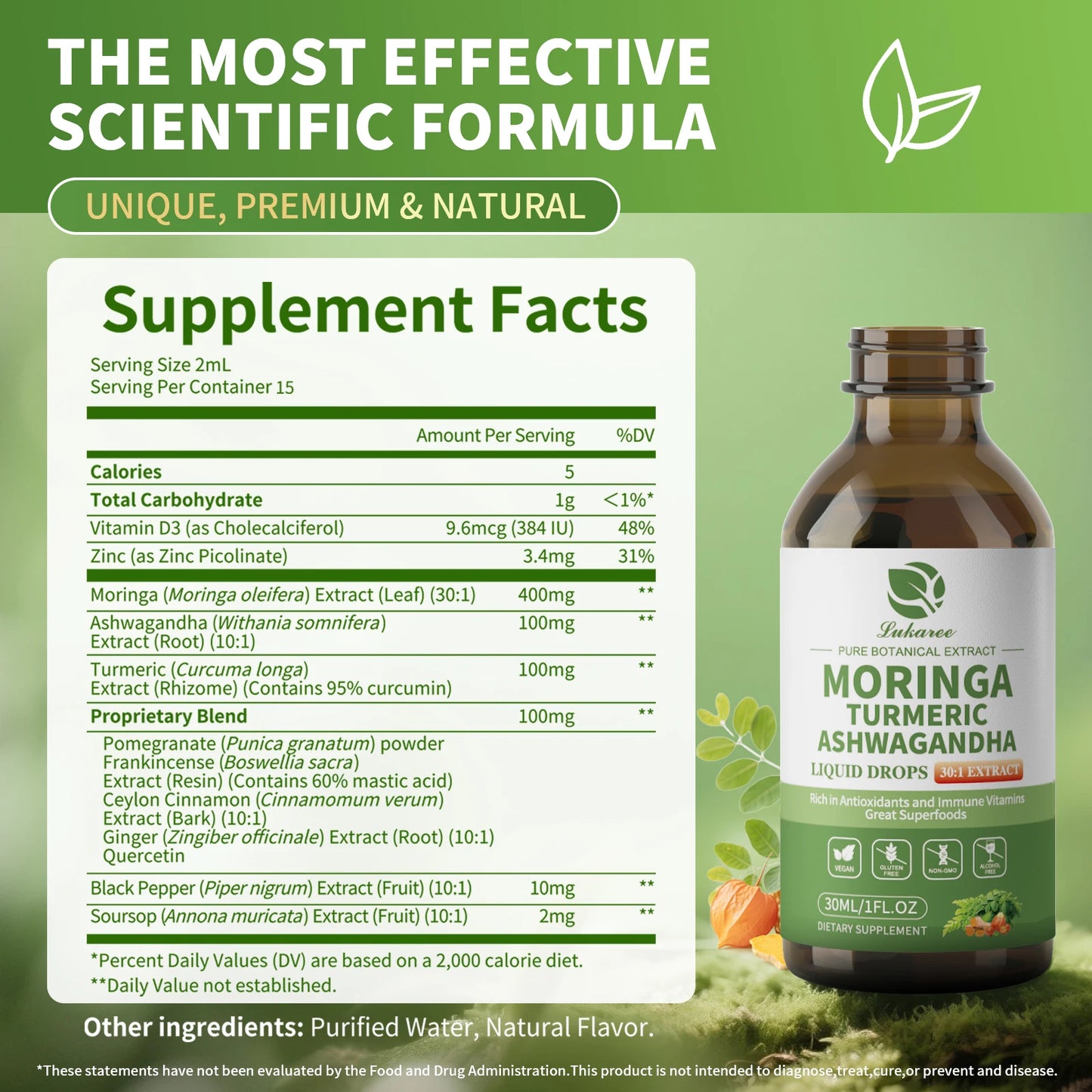 Organic Moringa Liquid Drops (12-in-1) with Ashwagandha, Turmeric & Quercetin – Energy, Immunity, Digestion & Metabolism Support – Vegan Non-GMO