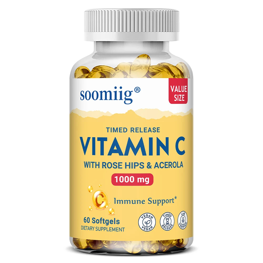 Vitamin C 1000mg with Rose Hips & Acerola – Two-Stage Timed-Release Immune, Skin, Hair & Nail Support | Non-GMO