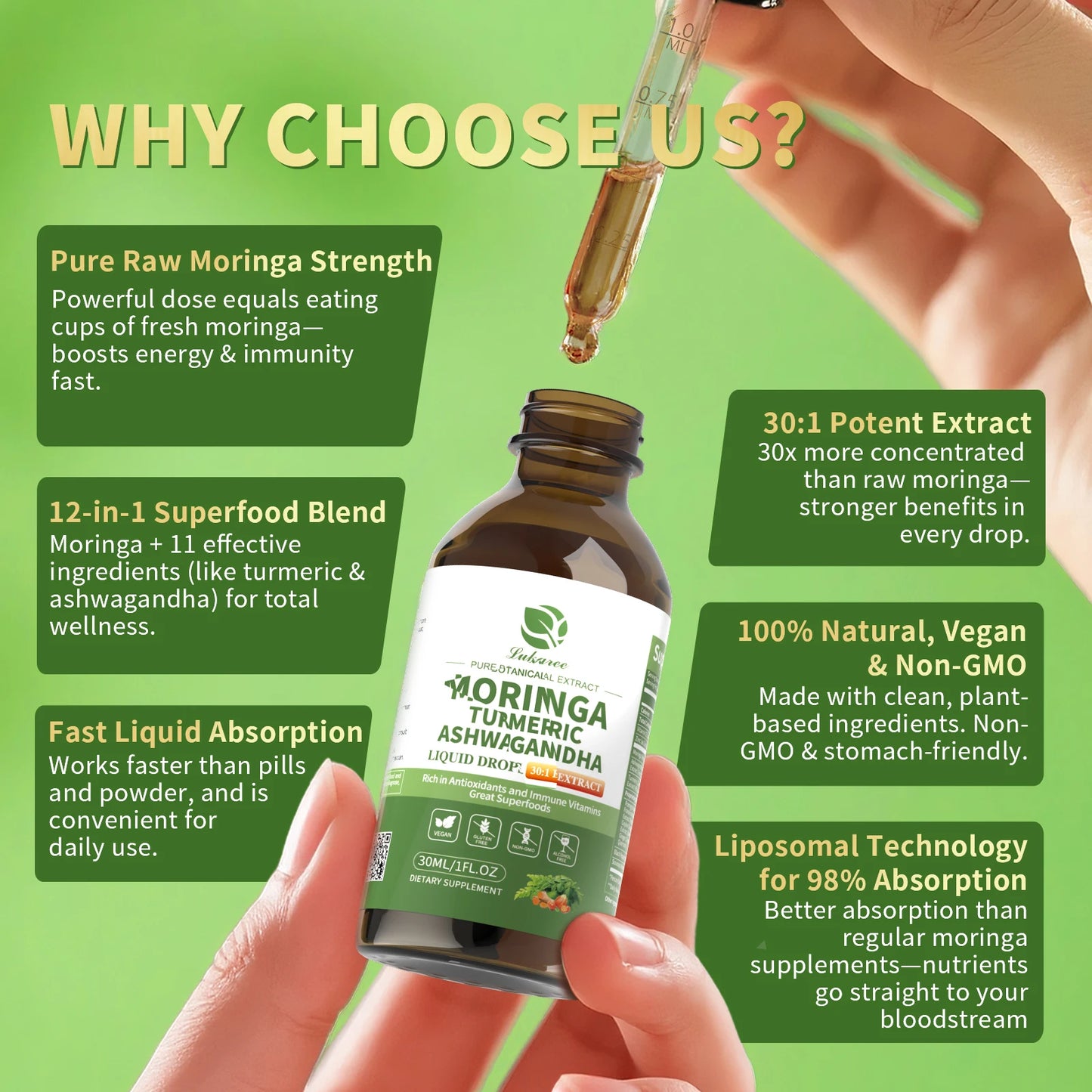 Organic Moringa Liquid Drops (12-in-1) with Ashwagandha, Turmeric & Quercetin – Energy, Immunity, Digestion & Metabolism Support – Vegan Non-GMO