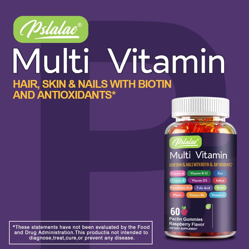 Multivitamin Gummies with Biotin – Hair, Skin & Nail Support + Immune Boost | Antioxidant Formula – 60 Gummies