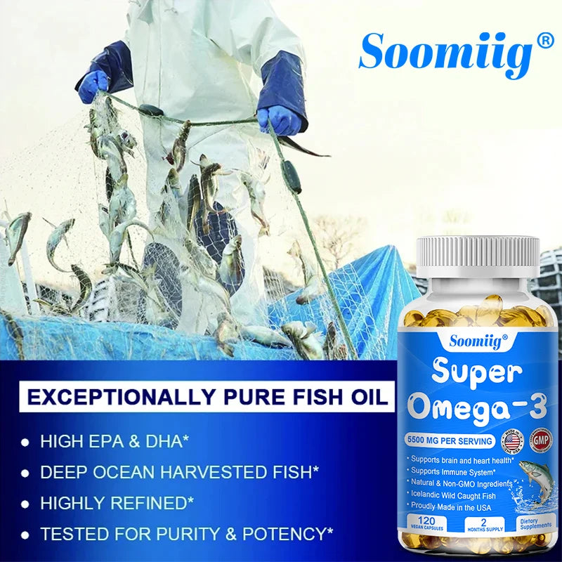 Wild-Caught Super Strength Omega-3 Fish Oil 5500mg | High EPA 1200mg & DHA 900mg | Non-GMO | 120 Softgels