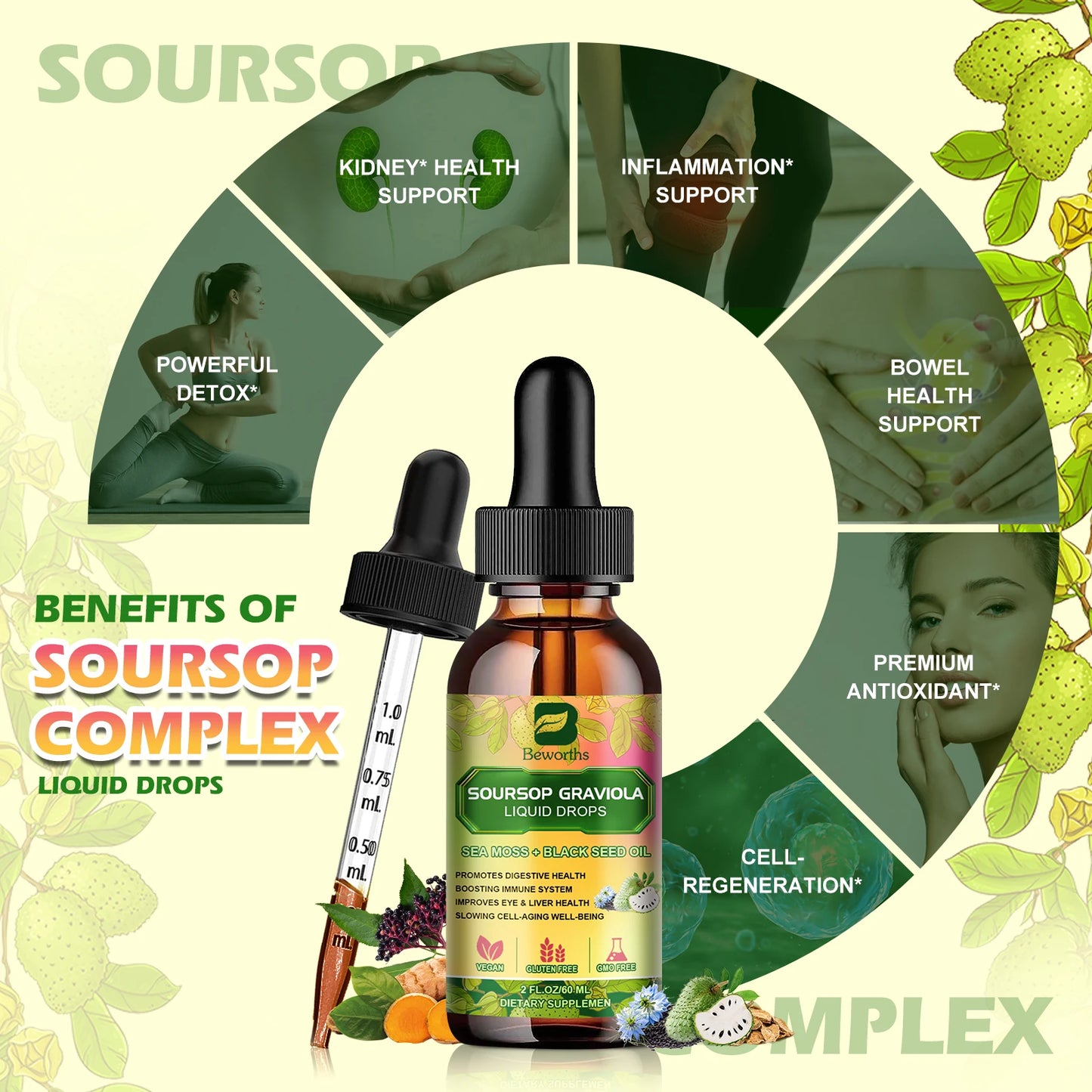 Soursop Graviola Extract Drops 60ML | Immune & Kidney Support | Black Seed Oil | Antioxidant & Detox Support