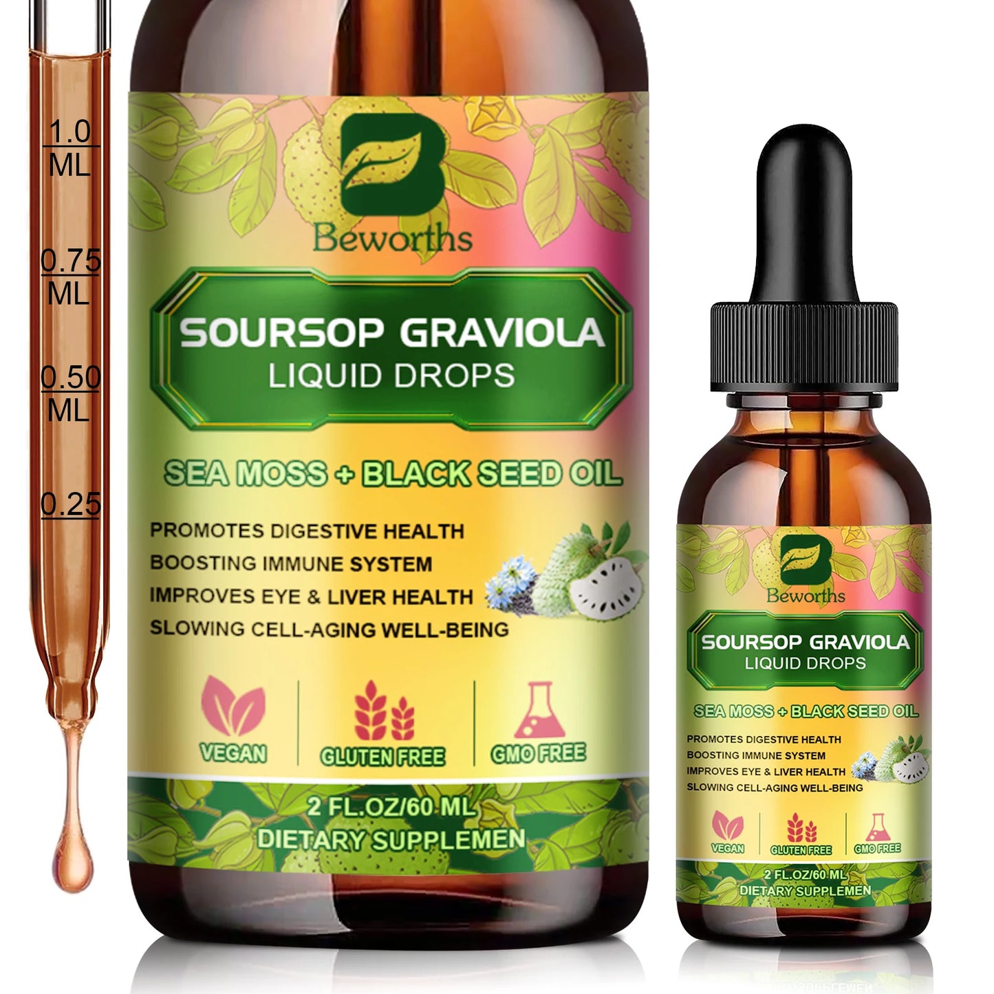 Soursop Graviola Extract Drops 60ML | Immune & Kidney Support | Black Seed Oil | Antioxidant & Detox Support