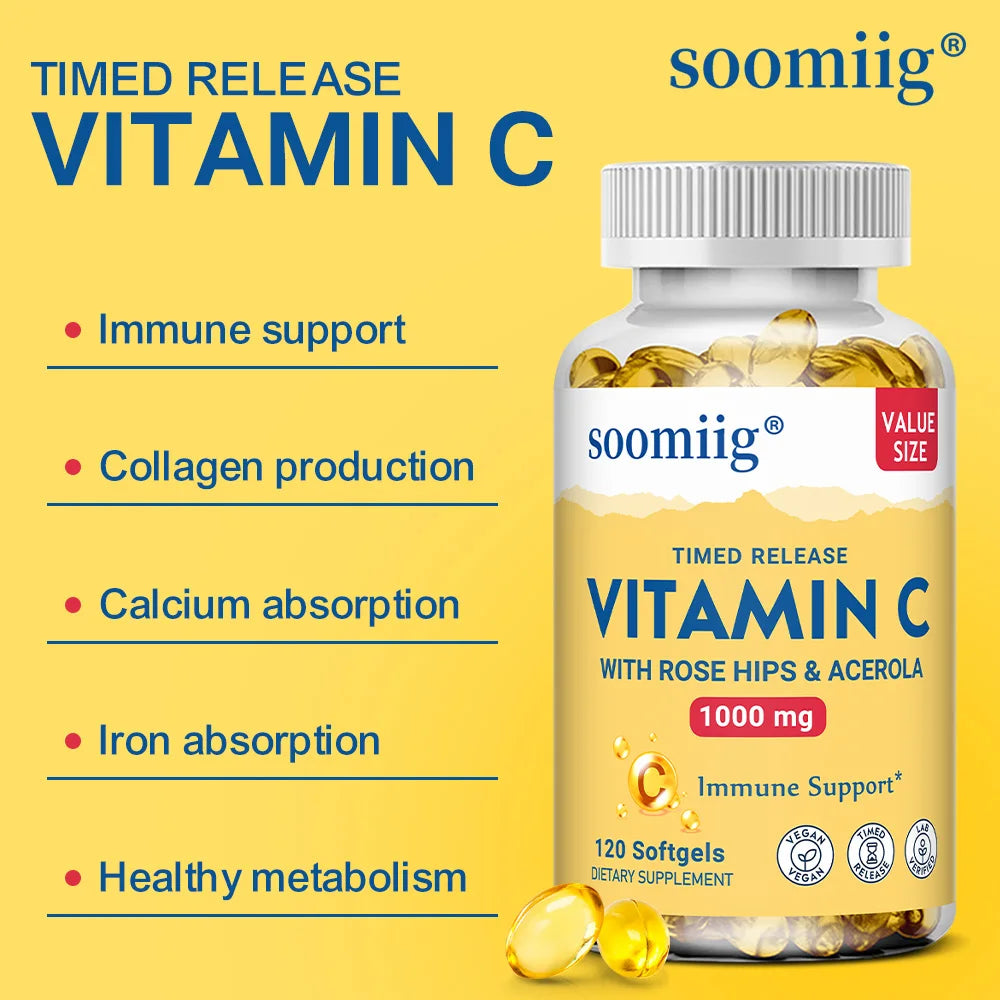 Vitamin C 1000mg with Rose Hips & Acerola – Two-Stage Timed-Release Immune, Skin, Hair & Nail Support | Non-GMO