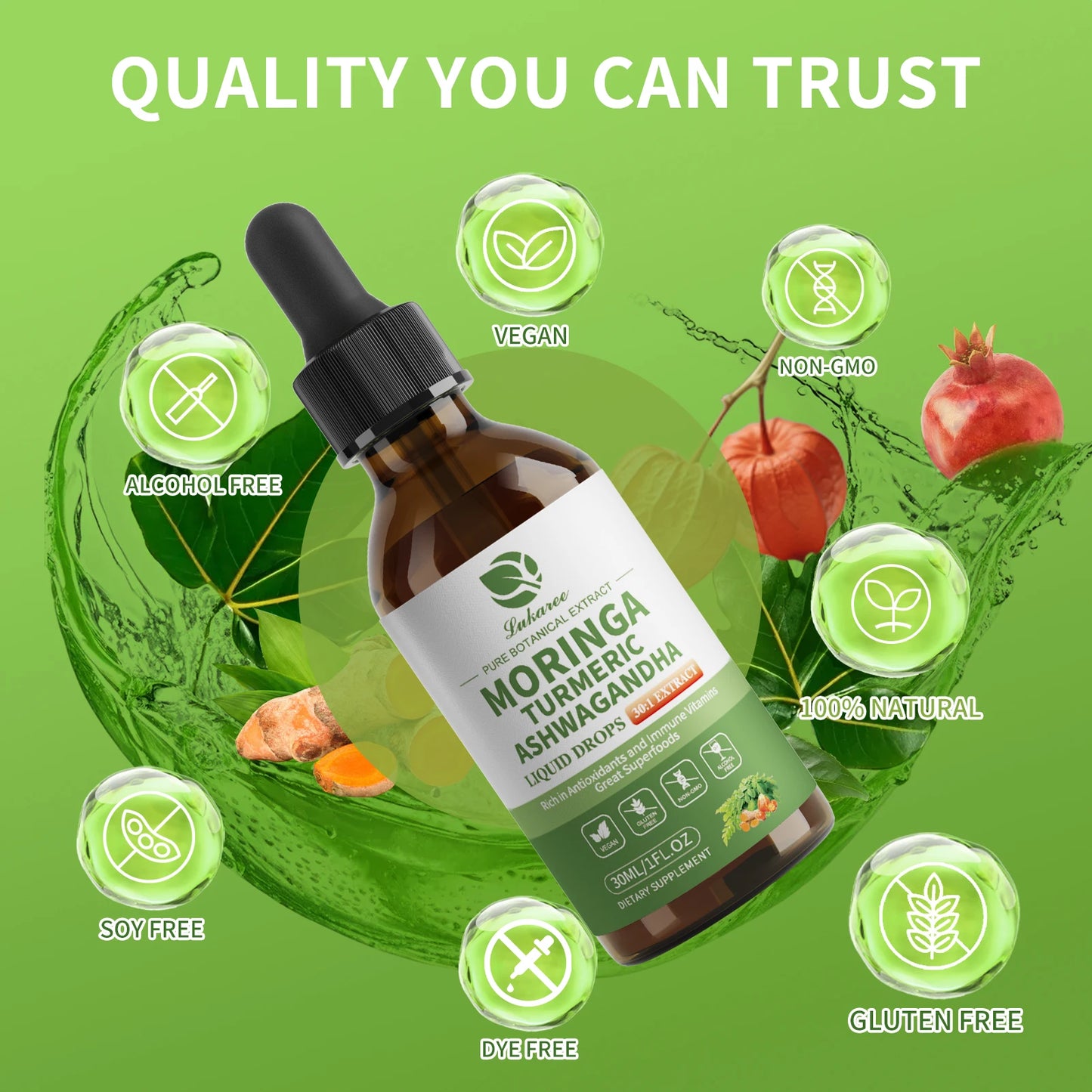 Organic Moringa Liquid Drops (12-in-1) with Ashwagandha, Turmeric & Quercetin – Energy, Immunity, Digestion & Metabolism Support – Vegan Non-GMO