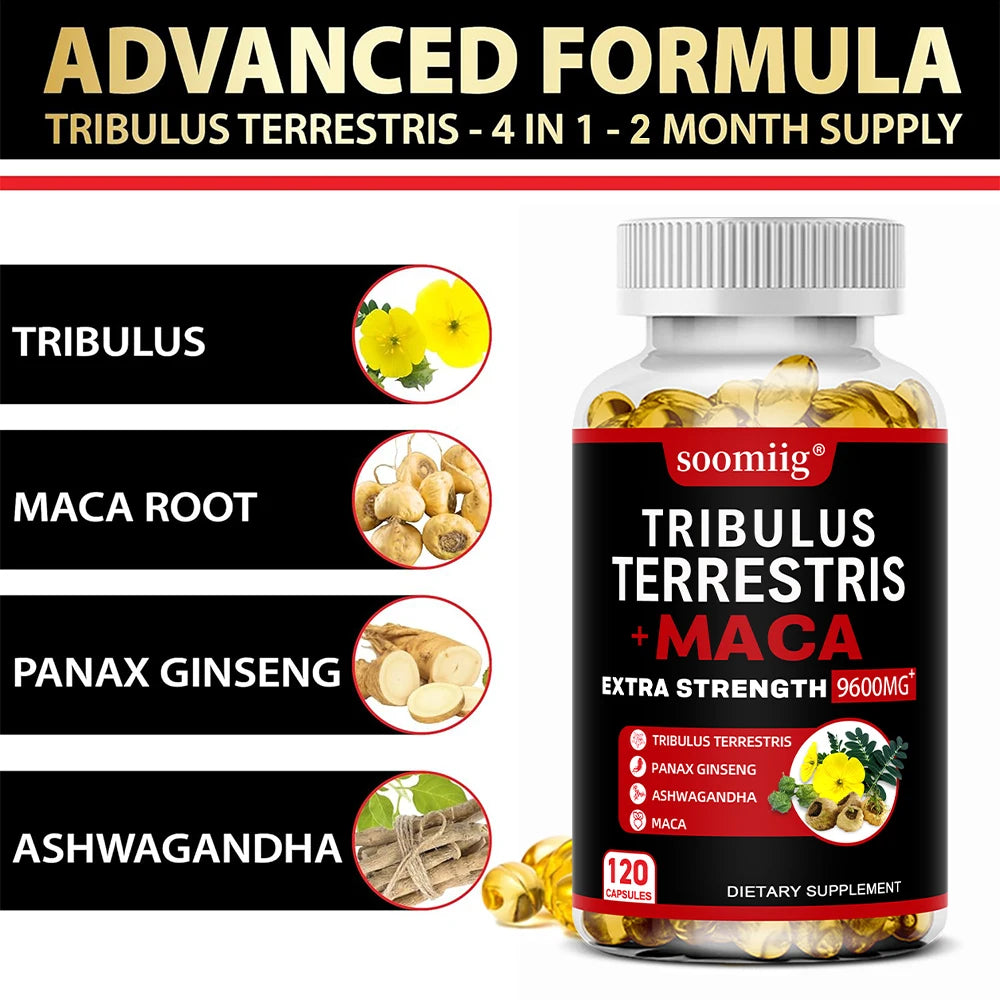 4-in-1 Tribulus Terrestris, Maca, Ginseng & Ashwagandha Capsules – 9600mg Daily Formula