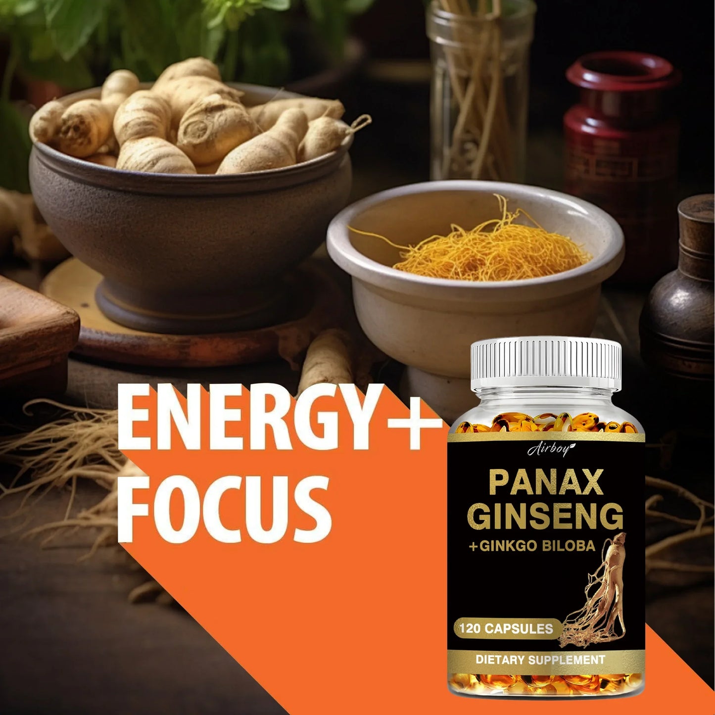 Panax Ginseng + Ginkgo Biloba Capsules – Energy, Memory & Brain Support Supplement – Mental Clarity, Focus & Strength Formula