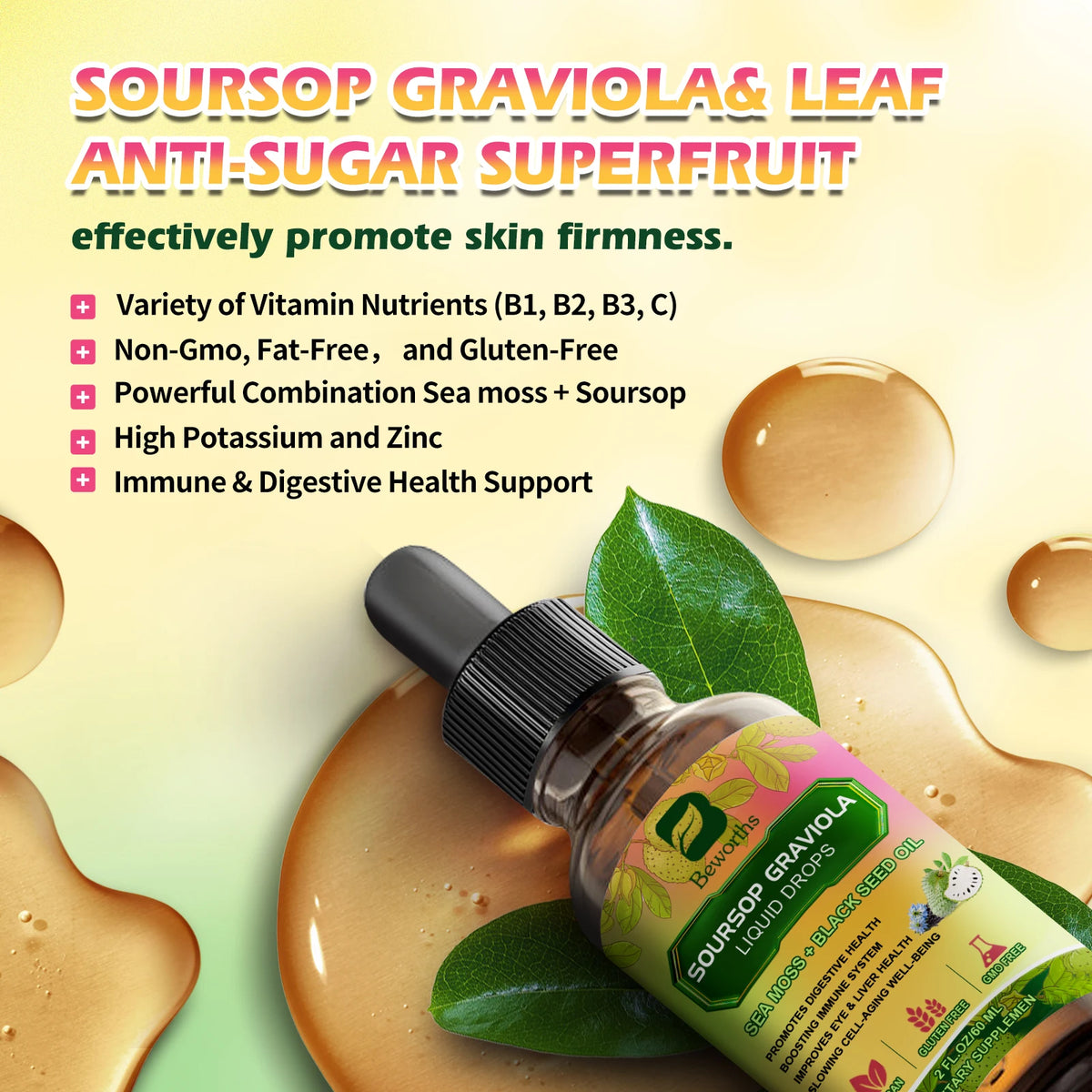 Soursop Graviola Extract Drops Black Seed Oil Support Immunity and Kidney Health,Detox,Antioxidation Gluten-Free