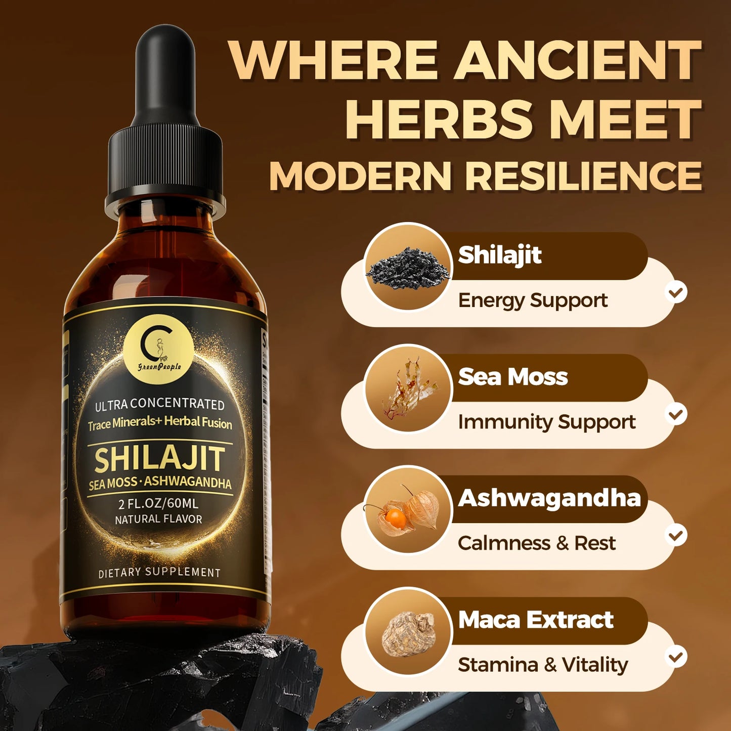 Shilajit Liquid Drops with Sea Moss, Ashwagandha, Maca & Moringa – Trace Minerals & Herbal Energy Blend | Immune, Hormone & Vitality Support